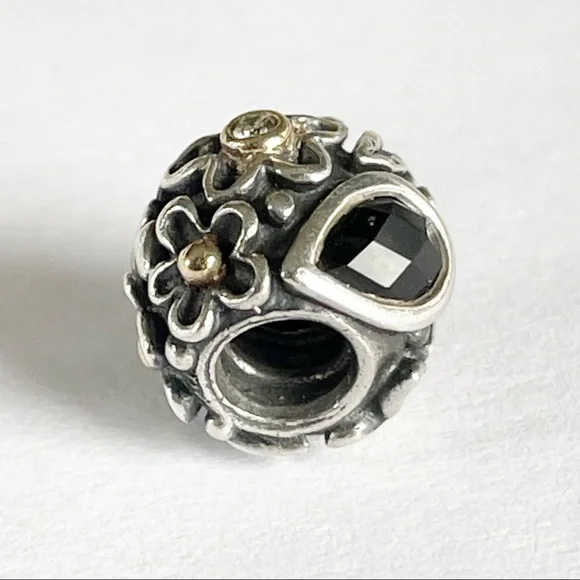 Pandora Dew Drops on Flowers Diamond Charm w/14k Details, Onyx & Diamonds - Picture 9 of 16